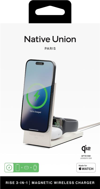 Statie de incarcare 3 in 1 Native Union Rise International, Compatibila MagSafe, Putere 15W, Cablu USB-C 2m si incarcator retea 35W incluse, Gri (Incarcatoare, RS-3IN1-SAN-INT) by www.silkase.ro